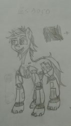 Size: 600x1067 | Tagged: safe, imported from derpibooru, oc, oc only, oc:blackjack, cyborg, pony, unicorn, fallout equestria, fallout equestria: project horizons, augmented, black and white, blackjack, cyber legs, fanfic, fanfic art, female, grayscale, hooves, horn, mare, monochrome, open mouth, simple background, solo, traditional art, white background