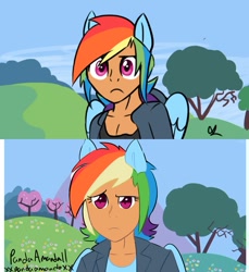 Size: 855x935 | Tagged: safe, artist:pandaamanda11, imported from derpibooru, rainbow dash, human, lesson zero, eared humanization, humanized, redraw, winged humanization, wings