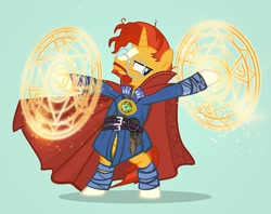 Size: 900x711 | Tagged: safe, artist:pixelkitties, imported from derpibooru, sunburst, pony, unicorn, alternate beard, bipedal, cape, clothes, cosplay, costume, doctor strange, glasses, ian hanlin, looking at you, magic, male, marvel, marvel cinematic universe, marvel comics, parody, pixelkitties' brilliant autograph media artwork, solo, stallion