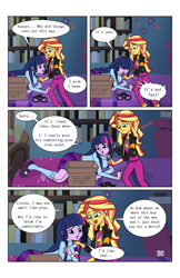 Size: 2650x4096 | Tagged: safe, artist:verumteednp, deleted from derpibooru, imported from derpibooru, sci-twi, sunset shimmer, twilight sparkle, comic:sparkling shimmer, equestria girls, bed, bedroom, clothes, comic, dialogue, female, glasses, jacket, leather jacket, lesbian, loose hair, pajamas, scitwishimmer, shipping, speech bubble, sunsetsparkle