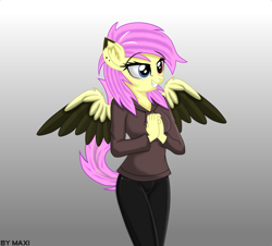 Size: 3317x3000 | Tagged: safe, artist:maxiclouds, imported from derpibooru, oc, oc only, oc:mariasha, anthro, pegasus, clothes, colored wings, ear fluff, ear piercing, female, gradient background, hoodie, jeans, pants, piercing, simple background, smiling, solo, two toned wings, wings