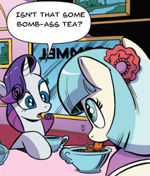 Size: 489x573 | Tagged: safe, artist:andypriceart, edit, idw, imported from derpibooru, coco pommel, rarity, earth pony, pony, unicorn, spoiler:comic64, :p, bomb ass tea, cropped, cup, dialogue, drinking, eye contact, female, food, horses doing horse things, lapping, looking at each other, mare, mlem, open mouth, silly, sitting, speech bubble, tea, teacup, tongue out, vulgar