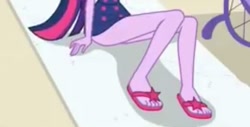 Size: 523x266 | Tagged: safe, imported from derpibooru, screencap, sci-twi, twilight sparkle, equestria girls, equestria girls series, forgotten friendship, ass, butt, clothes, feet, female, legs, pictures of legs, sandals, schrödinger's pantsu, solo, swimsuit