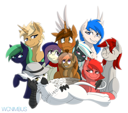 Size: 3402x3004 | Tagged: safe, artist:wcnimbus, imported from derpibooru, oc, oc only, oc:artillery fire, oc:coppercore, oc:crosswind, oc:fusion core, oc:jacquelyn, oc:lilith kamaria, oc:middy, oc:rias, oc:snowdrift, oc:waves, earth pony, griffon, pegasus, pony, unicorn, blushing, clothes, draw me like one of your french girls, eared griffon, fedora, female, freckles, group, harem, hat, male, mare, scarf, simple background, stallion, wingding eyes