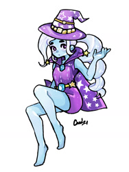 Size: 1000x1333 | Tagged: safe, artist:cardavia, imported from derpibooru, trixie, equestria girls, barefoot, cape, clothes, feet, female, hat, looking at you, simple background, solo, trixie's cape, trixie's hat, white background