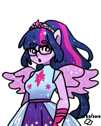 Size: 800x1000 | Tagged: safe, artist:cardavia, imported from derpibooru, sci-twi, twilight sparkle, equestria girls, equestria girls series, forgotten friendship, blushing, clothes, crown, dress, female, glasses, jewelry, looking at you, ponied up, regalia, scitwilicorn, solo