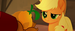 Size: 1920x804 | Tagged: safe, imported from derpibooru, screencap, applejack, capper dapperpaws, abyssinian, anthro, earth pony, pony, my little pony: the movie, anthro with ponies, confused, cowboy hat, female, fruit, hat, i'm the friend you need, klugetown, male, mare, raised eyebrow, suspicious