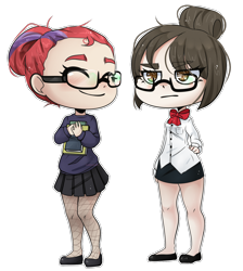 Size: 1314x1469 | Tagged: safe, artist:alexa1alexa, imported from derpibooru, moondancer, raven, human, book, bowtie, chibi, clothes, commission, cute, duo, fishnets, giant head, glasses, hair bun, humanized, legs, librarian, office, pantyhose, pleated skirt, shoes, simple background, skirt, sweater, transparent background, working