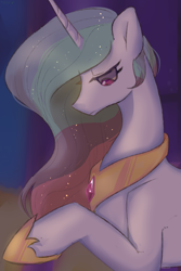 Size: 2000x3000 | Tagged: safe, artist:dilandau203, imported from derpibooru, princess celestia, alicorn, pony, female, gem, high res, horn, jewel, looking down, mare, melancholy, profile, raised hoof, sad, solo, wings