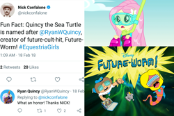 Size: 3072x2048 | Tagged: safe, imported from derpibooru, fluttershy, equestria girls, equestria girls series, forgotten friendship, disney, fun fact, future-worm, meta, nick confalone, quincy (sea turtle), ryan quincy, text, twitter, wetsuit