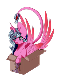 Size: 1117x1513 | Tagged: safe, artist:symphstudio, artist:xxmissteaxx, imported from derpibooru, oc, oc:color streak, oc:symphony diamond, alicorn, pony, unicorn, box, female, mare, pony in a box, prone, simple background, transparent background