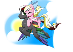 Size: 2100x1500 | Tagged: safe, artist:crazyazzy180, imported from derpibooru, oc, oc only, oc:bay breeze, oc:mahx, pegasus, pony, bahx, bandage, cloud, couple, cute, eyes closed, female, flying, happy, injured wing, male, oc x oc, piggyback ride, shipping, smiling, straight, sun