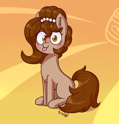 Size: 1536x1600 | Tagged: safe, artist:dsp2003, imported from derpibooru, oc, oc only, oc:brownie bun, earth pony, pony, :p, abstract background, blushing, chest fluff, cute, dsp2003 is trying to murder us, ear fluff, female, food, hnnng, i can't believe it's not wafflecakes, looking at you, mare, ocbetes, peanut butter, signature, silly, sitting, solo, style emulation, tongue out, weapons-grade cute