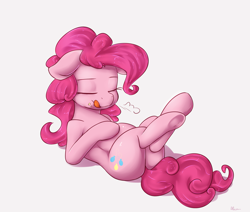 Size: 1625x1375 | Tagged: safe, artist:alasou, imported from derpibooru, pinkie pie, earth pony, pony, belly, chubby, crumbs, eyes closed, female, floppy ears, food baby, food on face, licking, licking lips, mare, on back, simple background, solo, tongue out, underhoof