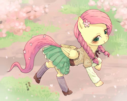 Size: 1252x1000 | Tagged: safe, artist:yanamosuda, imported from derpibooru, fluttershy, pegasus, pony, braid, clothes, cute, female, mare, mary janes, pigtails, pleated skirt, school uniform, shoes, shyabetes, skirt, smiling, socks, solo