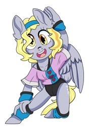 Size: 897x1271 | Tagged: safe, artist:dbkit, imported from derpibooru, derpy hooves, anthro, pegasus, unguligrade anthro, alternate hairstyle, clothes, cute, derpabetes, female, leotard, mare, shirt, simple background, solo, t-shirt, transparent background, workout outfit