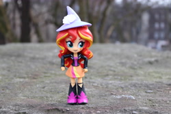 Size: 6000x4000 | Tagged: safe, artist:artofmagicpoland, imported from derpibooru, sunset shimmer, equestria girls, accessory theft, boots, clothes, doll, equestria girls minis, female, hat, shoes, skirt, solo, toy, trixie's hat