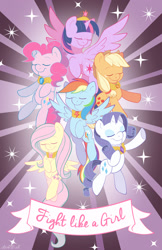 Size: 1024x1583 | Tagged: safe, artist:abbystarling, imported from derpibooru, applejack, fluttershy, pinkie pie, rainbow dash, rarity, twilight sparkle, alicorn, earth pony, pegasus, pony, unicorn, cowboy hat, cute, elements of harmony, eyes closed, female, feminism, feminist ponies, fight like a girl, hat, mane six, old banner, positive ponies, twilight sparkle (alicorn)
