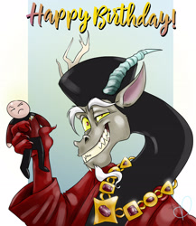Size: 2568x2962 | Tagged: safe, artist:vanypie, imported from derpibooru, discord, crossover, disqord, doll, happy birthday, jean-luc picard, john de lancie, male, patrick stewart, q, solo, star trek, toy, voice actor joke