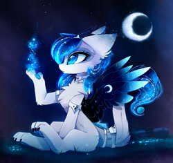 Size: 2093x1974 | Tagged: safe, artist:magnaluna, imported from derpibooru, oc, oc only, oc:polaris, cat, cat pony, original species, cheek fluff, chest fluff, colored pupils, colored wings, ear fluff, ethereal mane, fusion, galaxy mane, gradient wings, leg fluff, magic, moon, night, paw pads, paws, sitting, solo, starry eyes, wingding eyes