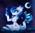 Size: 2093x1974 | Tagged: safe, artist:magnaluna, imported from derpibooru, oc, oc only, oc:polaris, cat, cat pony, original species, cheek fluff, chest fluff, colored pupils, colored wings, ear fluff, ethereal mane, fusion, galaxy mane, gradient wings, leg fluff, magic, moon, night, paw pads, paws, sitting, solo, starry eyes, wingding eyes