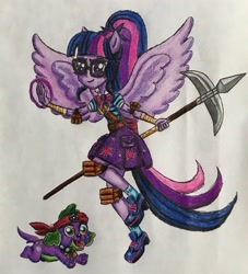 Size: 2540x2792 | Tagged: safe, artist:bozzerkazooers, imported from derpibooru, sci-twi, spike, spike the regular dog, twilight sparkle, dog, equestria girls, equestria girls series, duo, ninja, spear, traditional art, weapon