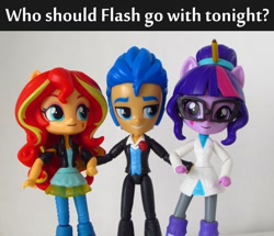 Size: 1008x868 | Tagged: safe, artist:whatthehell!?, imported from derpibooru, flash sentry, sci-twi, sunset shimmer, twilight sparkle, equestria girls, boots, clothes, doll, dress, equestria girls minis, female, flashimmer, flashlight, irl, jacket, male, pair, pencil, photo, sciflash, sciflashimmer, sciflashshimmer, shipping, shoes, straight, toy, tuxedo