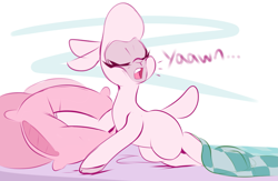 Size: 2167x1413 | Tagged: safe, artist:graphene, imported from derpibooru, pom lamb, lamb, sheep, them's fightin' herds, adorapom, bed, community related, cute, eyes closed, female, open mouth, pillow, pom (tfh), solo, yawn