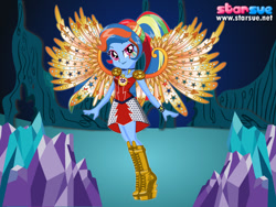 Size: 800x600 | Tagged: safe, artist:user15432, imported from derpibooru, rainbow dash, equestria girls, legend of everfree, boots, bracelet, clothes, colored wings, crystal wings, dress, dressup, dressup game, gradient wings, jewelry, necklace, ponied up, shoes, solo, starsue, winged humanization, wings