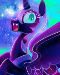 Size: 800x1000 | Tagged: safe, artist:ryuredwings, imported from derpibooru, nightmare moon, alicorn, pony, color porn, ethereal mane, eyestrain warning, female, helmet, mare, open mouth, signature, smiling