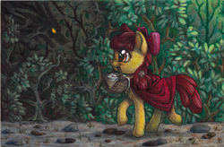 Size: 800x525 | Tagged: safe, artist:dany-the-hell-fox, imported from derpibooru, apple bloom, earth pony, pony, timber wolf, basket, cape, clothes, female, filly, forest, little red riding hood, mare, mouth hold, profile, red cape, smiling, solo, traditional art, walking