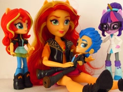 Size: 1400x1050 | Tagged: safe, artist:whatthehell!?, imported from derpibooru, flash sentry, sci-twi, sunset shimmer, twilight sparkle, equestria girls, boots, clothes, doll, dress, equestria girls minis, irl, jacket, pair, pencil, photo, shoes, toy, tuxedo