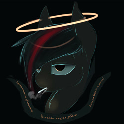 Size: 3000x3000 | Tagged: safe, artist:chapaevv, imported from derpibooru, oc, oc only, pony, bust, cigarette, cyrillic, halo, lidded eyes, looking away, portrait, russian, smoking, solo, text, translated in the comments, vulgar