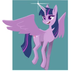 Size: 874x855 | Tagged: safe, artist:saladbomb, imported from derpibooru, twilight sparkle, alicorn, pony, female, glowing horn, green background, mare, simple background, smiling, solo, spread wings, twilight sparkle (alicorn), wings