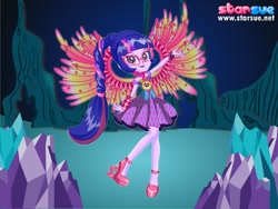 Size: 800x600 | Tagged: safe, artist:user15432, imported from derpibooru, sci-twi, twilight sparkle, alicorn, human, equestria girls, legend of everfree, bracelet, clothes, colored wings, crystal wings, dress, dressup, dressup game, glasses, gradient wings, high heels, humanized, jewelry, necklace, ponied up, scitwilicorn, shoes, solo, starsue, twilight sparkle (alicorn), winged humanization, wings