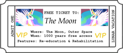 Size: 783x341 | Tagged: safe, imported from derpibooru, princess celestia, pony, female, meme, ponified, smiling, solo, ticket, to the moon