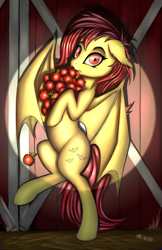 Size: 1506x2325 | Tagged: safe, artist:lightly-san, imported from derpibooru, fluttershy, bat pony, pony, apple, barn, bat wings, bipedal, caught, female, flutterbat, food, fruit, hoof hold, looking at you, mare, race swap, red eyes, solo, spotlight, stealing, surprised