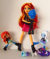 Size: 1500x1773 | Tagged: safe, artist:whatthehell!?, imported from derpibooru, flash sentry, sci-twi, sunset shimmer, trixie, twilight sparkle, equestria girls, boots, clothes, doll, dress, equestria girls minis, fight, irl, jacket, kicking, pair, pencil, photo, shoes, toy, tuxedo