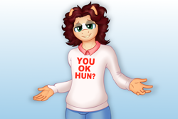 Size: 1500x1000 | Tagged: safe, artist:timidwithapen, imported from derpibooru, oc, oc only, oc:timid cookie, anthro, clothes, jumper, male, pants, smiling, solo, text, trousers