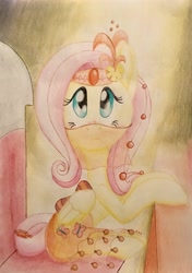 Size: 2606x3693 | Tagged: safe, artist:gracefulart693, imported from derpibooru, fluttershy, pegasus, pony, clothes, fanfic, fanfic art, female, folded wings, head turn, headdress, jewelry, looking at you, looking up, mare, see-through, sitting, solo, the mare who became queen, traditional art, turned head, veil