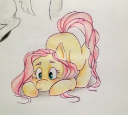 Size: 1024x917 | Tagged: safe, artist:kotnaszynce, imported from derpibooru, fluttershy, pegasus, pony, face down ass up, female, looking at something, looking down, mare, missing cutie mark, solo, traditional art