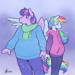 Size: 1280x1280 | Tagged: safe, artist:rwl, imported from derpibooru, rainbow dash, twilight sparkle, alicorn, anthro, bbw, blushing, chubby, clothes, fat, female, height difference, holding hands, lesbian, scarf, shipping, size difference, snow, sweater, twidash, twilard sparkle, twilight sparkle (alicorn), winter, winter outfit