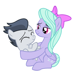 Size: 5584x5555 | Tagged: safe, artist:lunaticdawn, imported from derpibooru, flitter, rumble, pegasus, pony, absurd resolution, bow, colt, cute, eyes closed, female, hair bow, hug, lidded eyes, male, mare, rumblebetes, simple background, smiling, transparent background