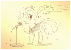 Size: 1133x801 | Tagged: safe, artist:sherwoodwhisper, imported from derpibooru, oc, oc only, oc:eri, mouse, pony, unicorn, cape, clothes, eiffel 65, female, i'm blue, mare, microphone, monochrome, singing