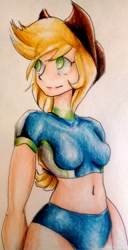 Size: 1628x3181 | Tagged: safe, artist:nolyanimeid, imported from derpibooru, applejack, equestria girls, equestria girls series, forgotten friendship, belly button, clothes, cowboy hat, female, hat, human coloration, midriff, solo, stetson, swimsuit, traditional art