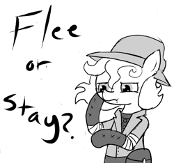 Size: 640x600 | Tagged: safe, artist:ficficponyfic, imported from derpibooru, oc, oc only, oc:lockepicke, cyoa:the wizard of logic tower, bag, boots, clothes, coat, cyoa, hat, monochrome, shoes, story included, sweater