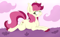 Size: 4525x2811 | Tagged: safe, artist:paskanaakka, derpibooru exclusive, imported from derpibooru, roseluck, earth pony, pony, chest fluff, cloud, colored hooves, ear fluff, female, lidded eyes, mare, prone, smiling, solo, sploot, unshorn fetlocks