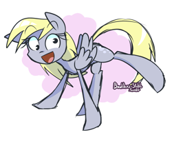 Size: 1280x1049 | Tagged: safe, artist:lilboulder, imported from derpibooru, derpy hooves, pegasus, pony, derp, female, mare, open mouth, signature, simple background, smiling, solo, white background