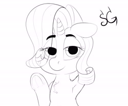 Size: 6000x5000 | Tagged: safe, artist:sunlightgryphon, derpibooru exclusive, imported from derpibooru, rarity, unicorn, absurd resolution, arm behind head, armpits, chest fluff, looking at you, monochrome, smiling