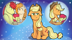 Size: 2532x1408 | Tagged: safe, artist:littletigressda, artist:moonlightfan, imported from derpibooru, apple bloom, applejack, bright mac, pear butter, pony, baby, baby apple bloom, baby pony, memory orb, sitting, younger